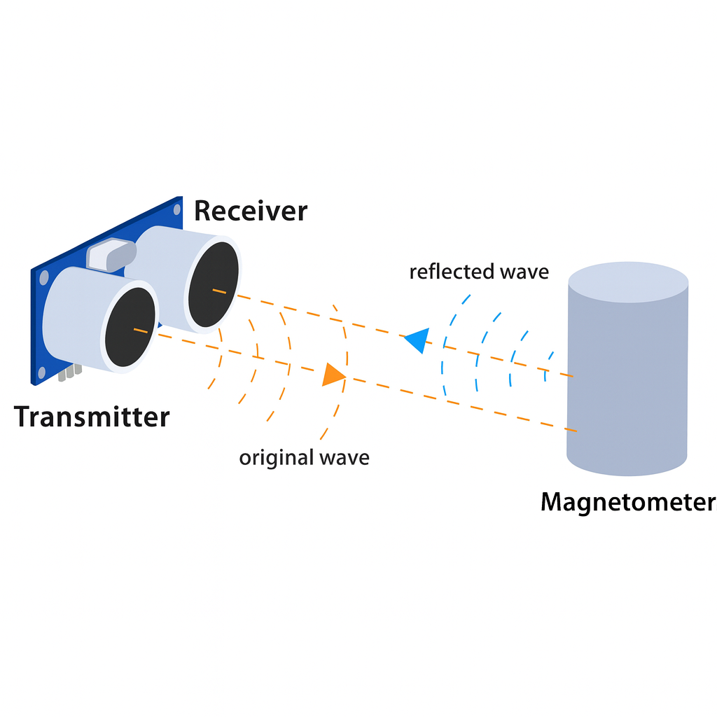 Diagram showing how an ultrasonic sensor works, with a transmitter sending sound waves that bounce off an object and return to the receiver.