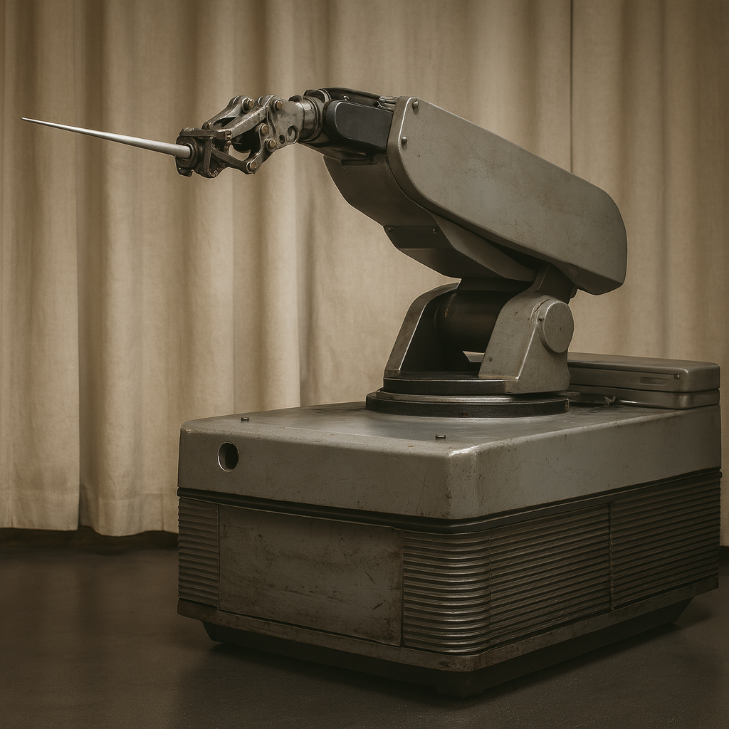 A photo-realistic recreation of the Unimate, the first industrial robot. The large robotic arm is mounted on a sturdy square base with ridged panels. Its metallic arm extends forward with a gripper holding a slender rod. The robot sits on a dark floor in front of beige curtains, highlighting its mechanical design.