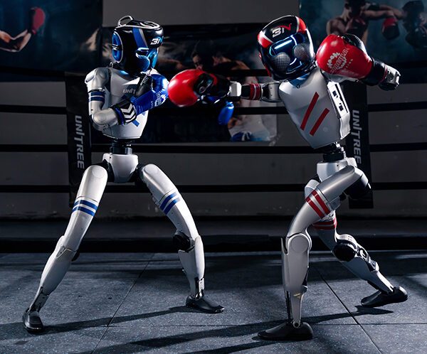 Two Unitree robots kickboxing in a ring.