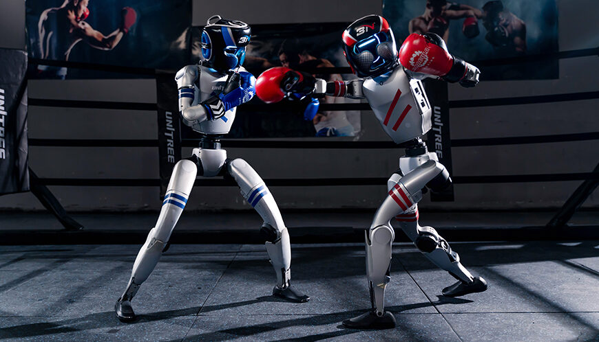 Two Unitree robots kickboxing in a ring.
