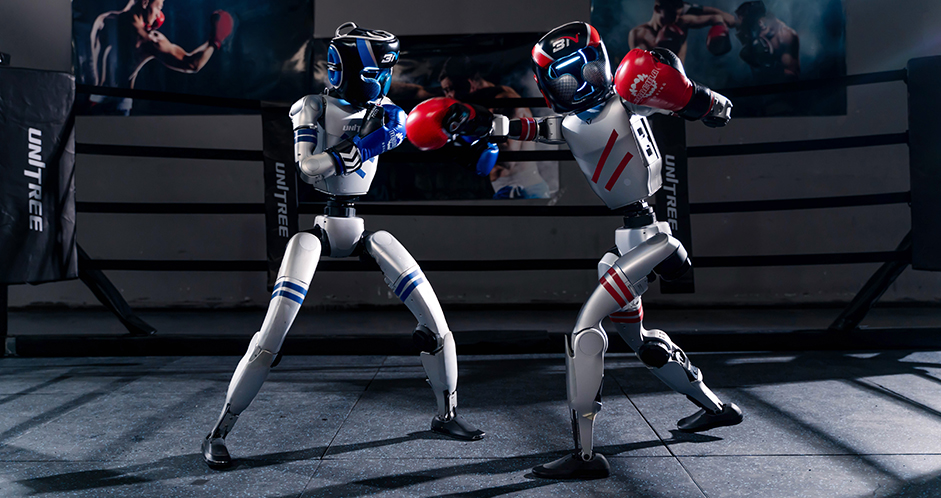Two Unitree robots kickboxing in a ring.