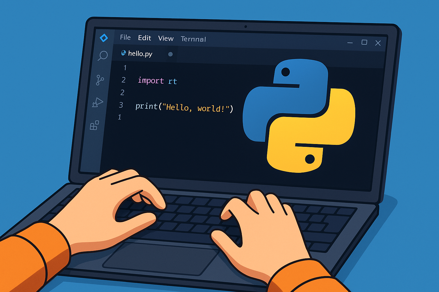 A cartoon-style illustration shows a person’s hands typing on a laptop running Visual Studio Code in dark mode. The screen displays a Python file with the code print("Hello, world!"), alongside a large, colourful Python logo. The background is bright blue, creating a vibrant and engaging learning atmosphere.