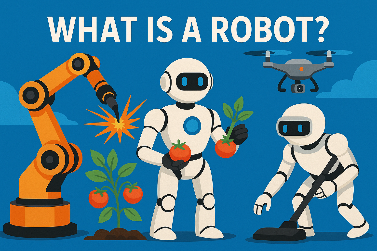 A colourful digital illustration with the title “WHAT IS A ROBOT?” at the top. The montage shows different types of robots: an orange robotic arm welding, a humanoid robot holding harvested tomatoes, another humanoid robot vacuuming the floor, and a grey drone flying overhead. The background is bright blue with simple cloud shapes.