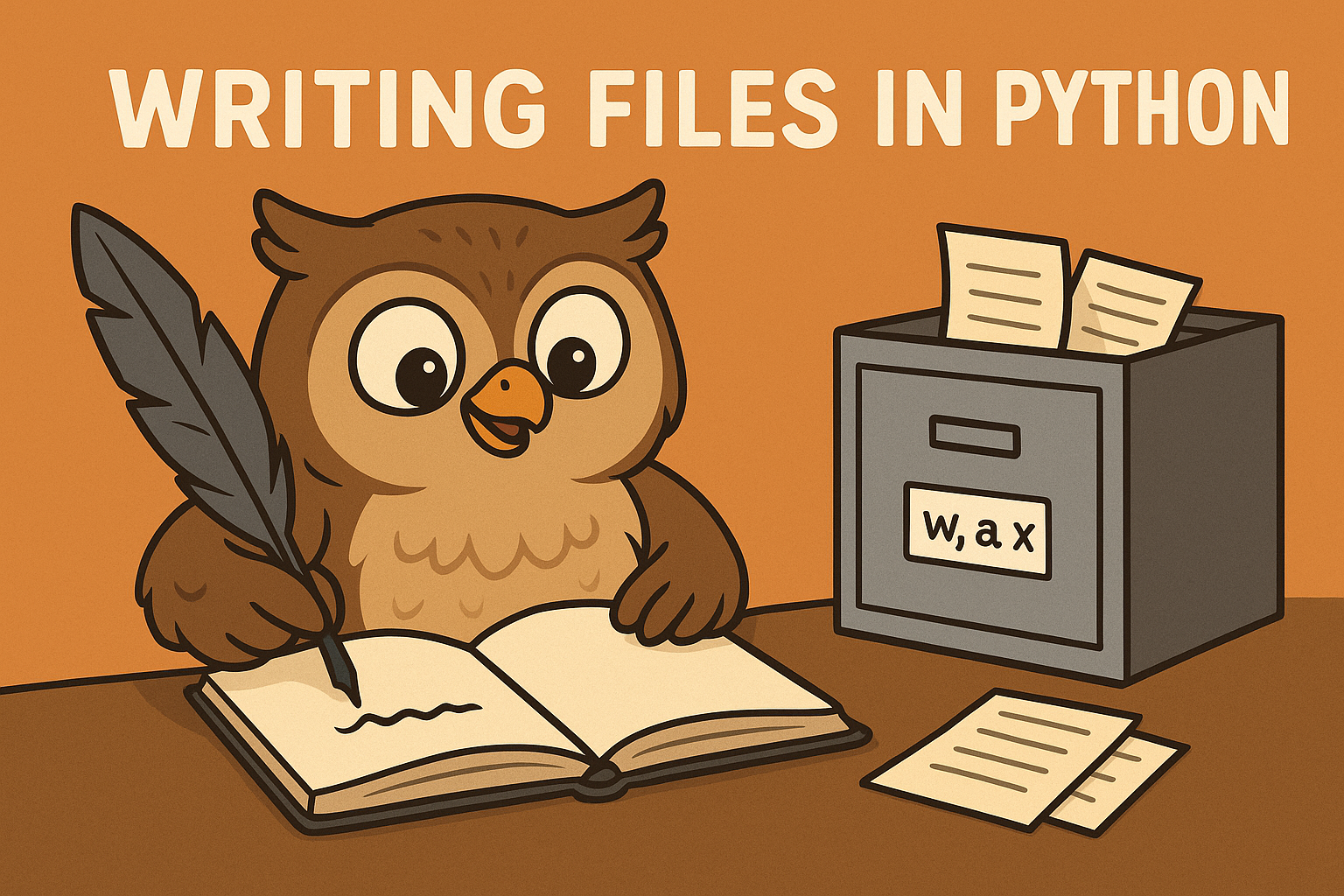 A cheerful cartoon owl writes in an open notebook with a quill pen beside a filing cabinet drawer labelled “w, a, x.” Above, bold text reads “Writing Files in Python.”