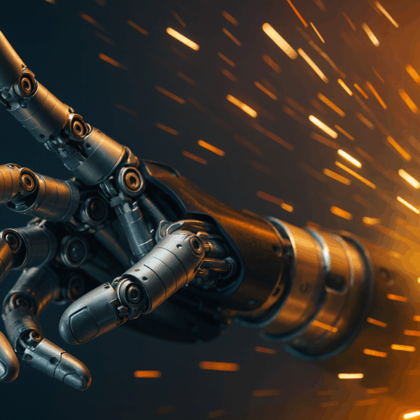 Alt text: *A close-up 3D render of the Wuji Hand, a futuristic robotic hand with articulated metallic fingers, reaching forward as sparks fly dramatically in the background.*