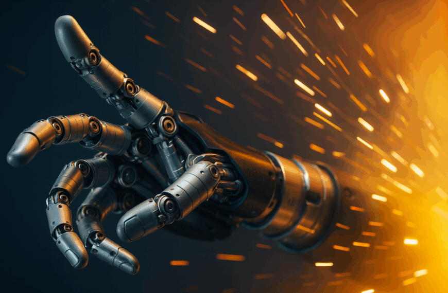 Alt text: *A close-up 3D render of the Wuji Hand, a futuristic robotic hand with articulated metallic fingers, reaching forward as sparks fly dramatically in the background.*
