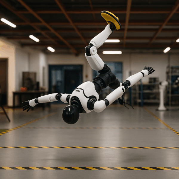 A humanoid robot with a white body, black joints, and yellow foot pads is captured mid-air in a robotics lab while performing a Webster flip. The robot is upside down with arms extended for balance, highlighting motion and agility. The background shows blurred lab equipment and striped floor markings.