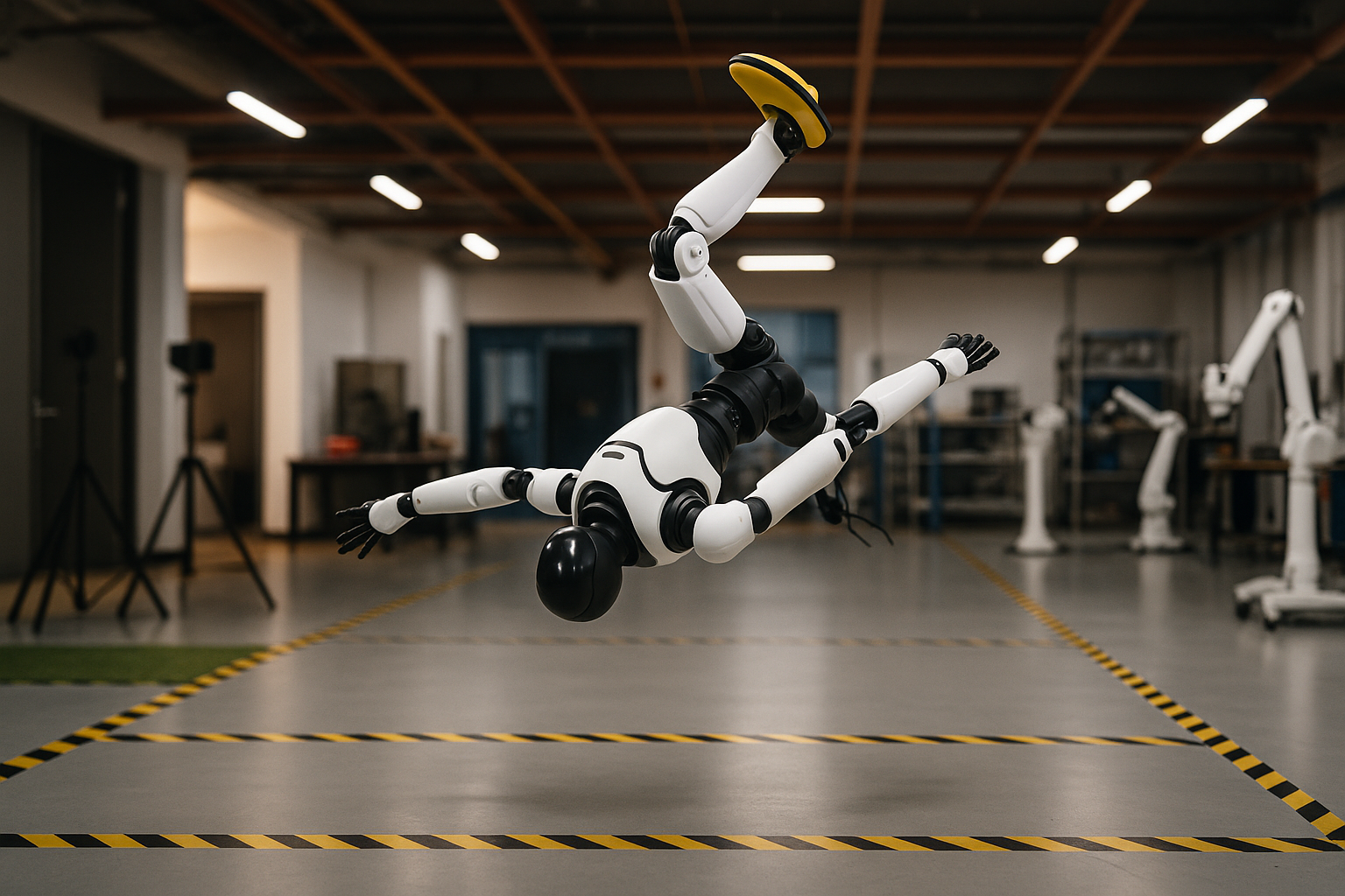 A humanoid robot with a white body, black joints, and yellow foot pads is captured mid-air in a robotics lab while performing a Webster flip. The robot is upside down with arms extended for balance, highlighting motion and agility. The background shows blurred lab equipment and striped floor markings.