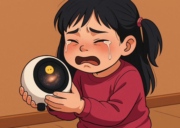 A crying young girl holds a small round robot with a fading galaxy display, symbolising emotional attachment and loss of technology.