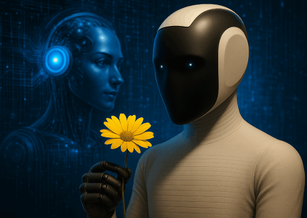 A humanoid robot with a sleek black faceplate holds a yellow flower against a glowing blue digital background featuring a holographic figure.