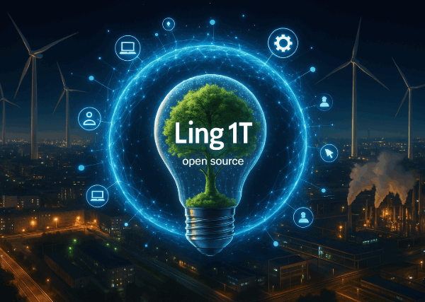A glowing lightbulb labeled "Ling 1T open source" containing a tree, symbolising sustainable AI innovation over a futuristic cityscape.