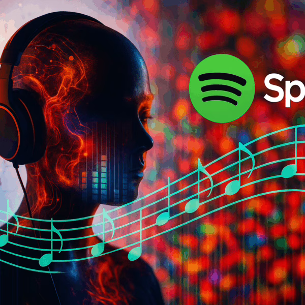 A photorealistic digital image showing a human silhouette wearing large headphones. Bright, fiery light patterns flow through the head, symbolising data or AI activity. In the background, blurred colourful lights evoke a streaming interface. The Spotify logo appears to the right, and glowing turquoise musical notes curve across the image, representing digital music and AI-generated sound.