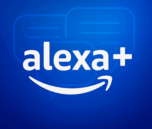 A vibrant blue landscape graphic showing the Alexa+ logo with Amazon’s smile, layered over subtle chat bubble icons symbolising conversation.