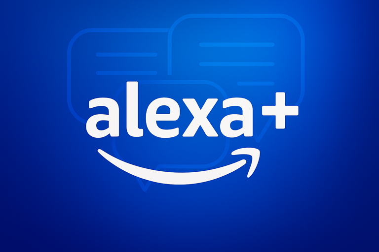 A vibrant blue landscape graphic showing the Alexa+ logo with Amazon’s smile, layered over subtle chat bubble icons symbolising conversation.