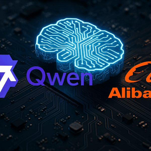 Logos of Qwen and Alibaba beside a glowing neon-blue AI brain on a circuit board, symbolising artificial intelligence advancement.