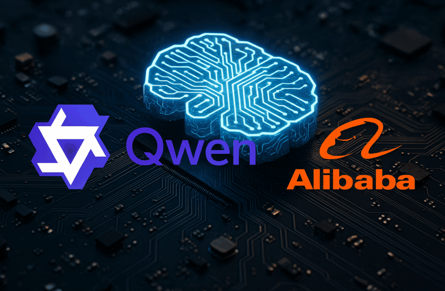 Logos of Qwen and Alibaba beside a glowing neon-blue AI brain on a circuit board, symbolising artificial intelligence advancement.
