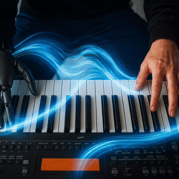 A person plays a keyboard using a bionic hand, glowing blue energy trails represent thought-controlled movement and human-technology connection.