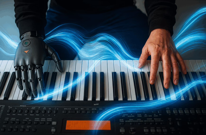 A person plays a keyboard using a bionic hand, glowing blue energy trails represent thought-controlled movement and human-technology connection.