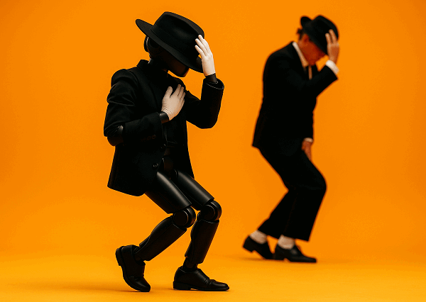 A humanoid robot and a human dancer, both in black suits and hats, perform identical Michael Jackson poses against a vibrant orange background.