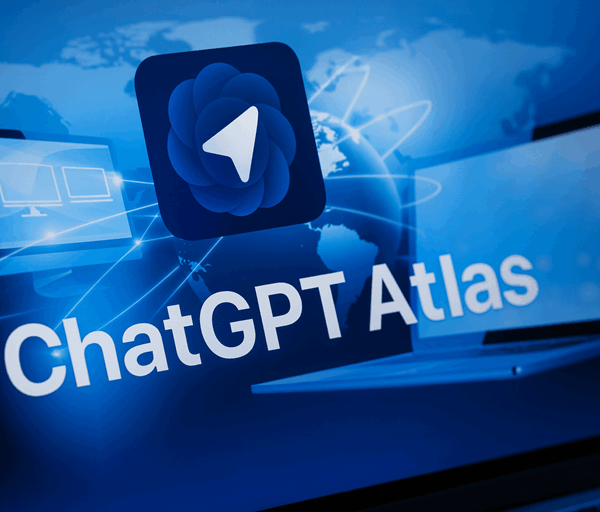 A digital illustration showing the ChatGPT Atlas browser logo with glowing laptops, blue world map, and connected light trails symbolising global AI browsing.