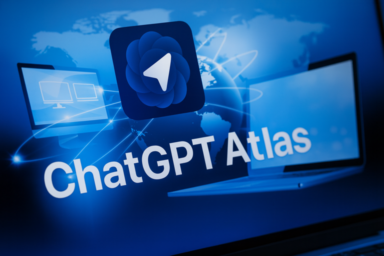 A digital illustration showing the ChatGPT Atlas browser logo with glowing laptops, blue world map, and connected light trails symbolising global AI browsing.