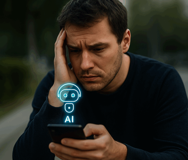 A worried man looks at his smartphone outdoors, with a glowing AI chatbot icon floating above, symbolising digital mental health concerns.