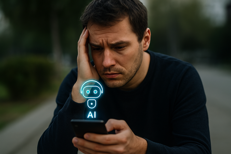 A worried man looks at his smartphone outdoors, with a glowing AI chatbot icon floating above, symbolising digital mental health concerns.