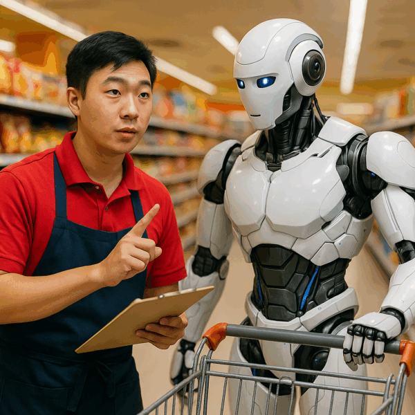 A Chinese supermarket worker trains a humanoid robot beside a shopping cart in a bright, colourful grocery aisle.