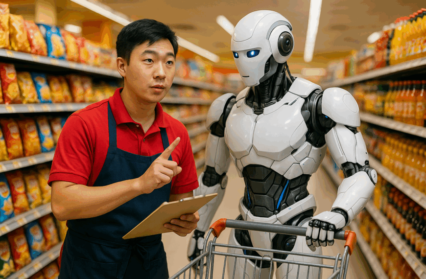 A Chinese supermarket worker trains a humanoid robot beside a shopping cart in a bright, colourful grocery aisle.