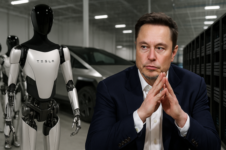 Elon Musk sits beside Tesla’s Optimus robot with Cybertruck and data servers in the background, symbolising Tesla’s AI-driven future.