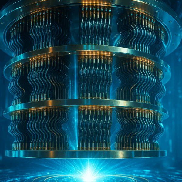 A futuristic quantum computer core with glowing golden rings and intricate wiring, illuminated by blue light in a high-tech research facility.