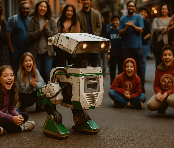 A small green and white robot entertains a laughing crowd of children and adults on a street during a lively outdoor performance.