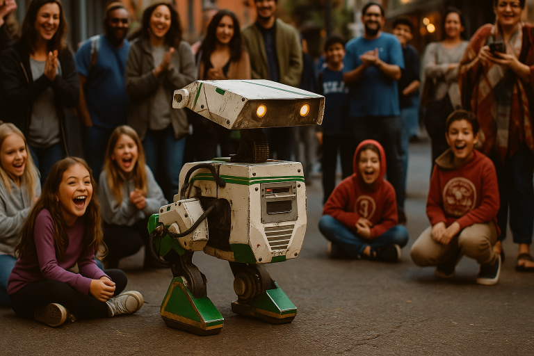 A small green and white robot entertains a laughing crowd of children and adults on a street during a lively outdoor performance.