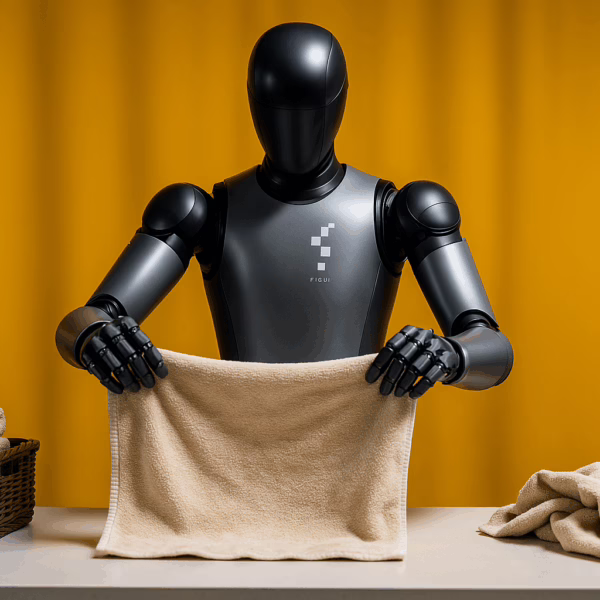 A sleek humanoid robot with a smooth black faceplate folds beige towels on a table beside a wicker basket in soft lighting.