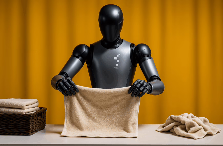 A sleek humanoid robot with a smooth black faceplate folds beige towels on a table beside a wicker basket in soft lighting.