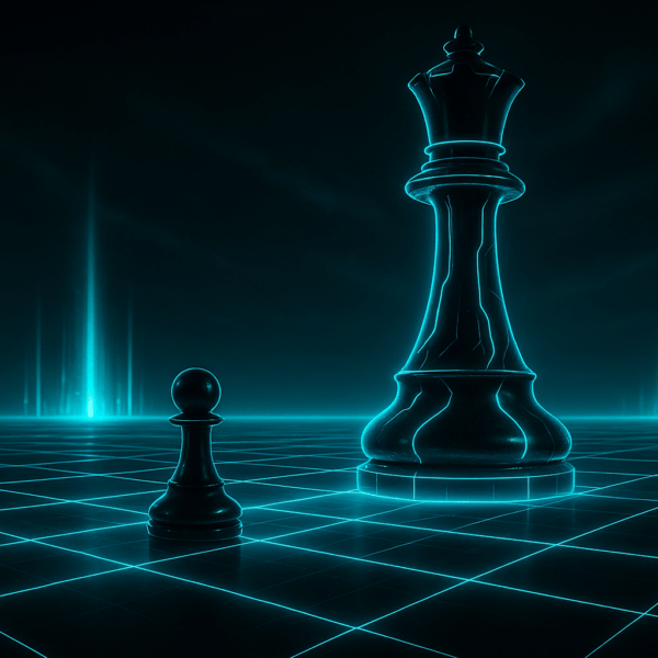 Futuristic digital artwork showing a small glowing pawn facing a towering queen on a neon grid, symbolising David versus Goliath.
