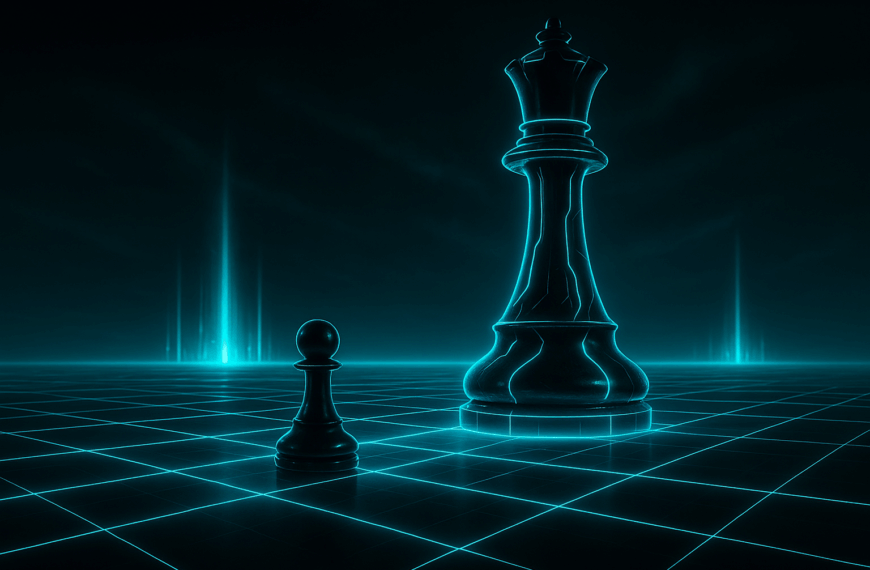 Futuristic digital artwork showing a small glowing pawn facing a towering queen on a neon grid, symbolising David versus Goliath.