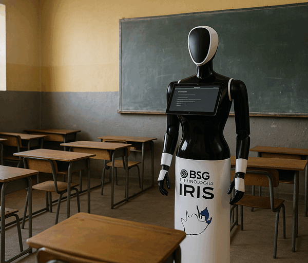 AI teaching robot IRIS stands beside a blackboard in an empty classroom with wooden desks, showcasing educational technology innovation.