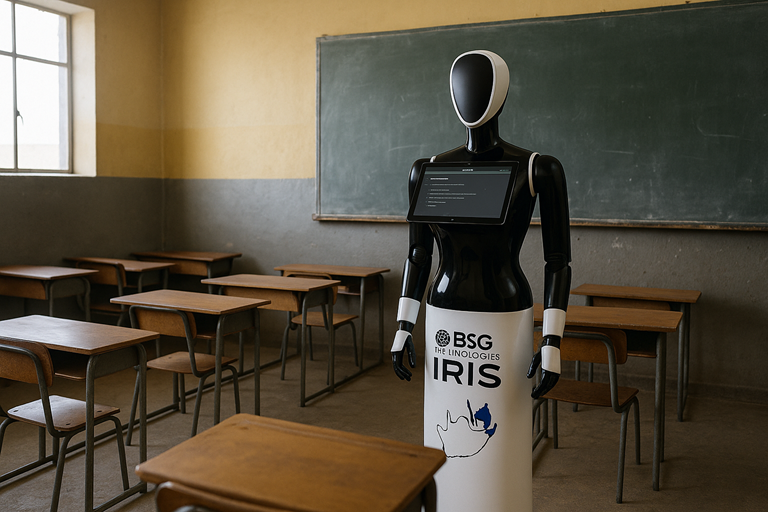 AI teaching robot IRIS stands beside a blackboard in an empty classroom with wooden desks, showcasing educational technology innovation.