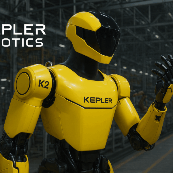 Kepler K2 Bumblebee humanoid robot with articulated hands and sensors working inside a fully automated production line.