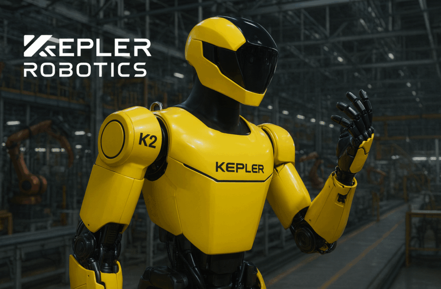 Kepler K2 Bumblebee humanoid robot with articulated hands and sensors working inside a fully automated production line.