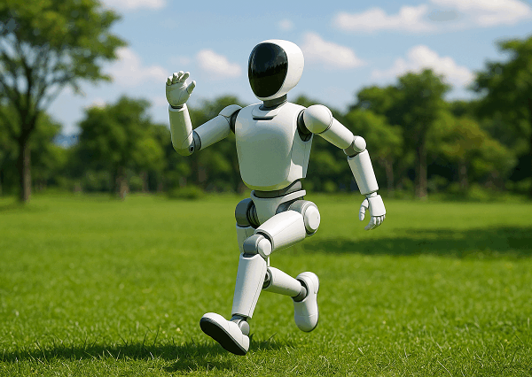 A small white humanoid robot named Bumi runs energetically through a sunny green park, symbolising affordable, playful, next-generation robotics innovation.