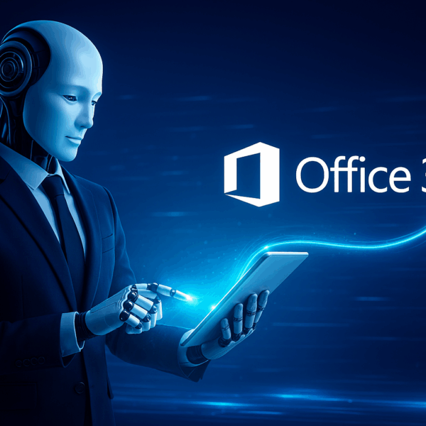 A humanoid robot in a business suit uses a tablet as glowing blue data lines connect it to the Office 365 logo on a futuristic digital background.