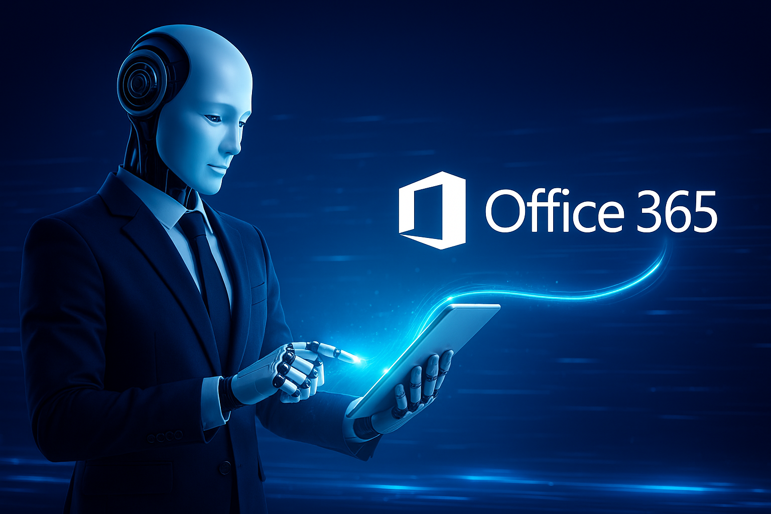 A humanoid robot in a business suit uses a tablet as glowing blue data lines connect it to the Office 365 logo on a futuristic digital background.