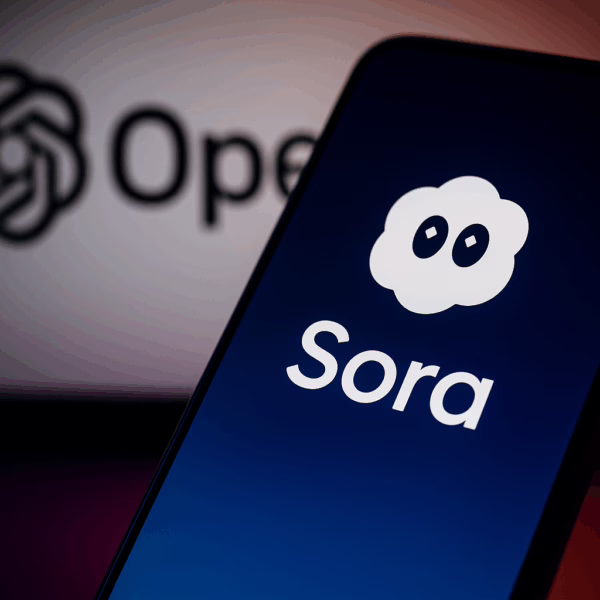 A smartphone displaying the Sora app logo on its screen, with the blurred OpenAI logo visible in the softly lit background.