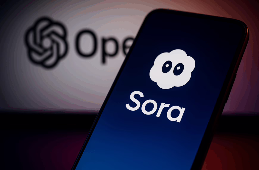 A smartphone displaying the Sora app logo on its screen, with the blurred OpenAI logo visible in the softly lit background.