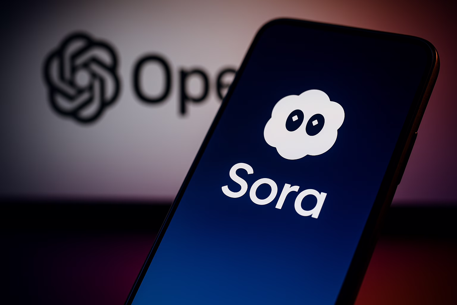 A smartphone displaying the Sora app logo on its screen, with the blurred OpenAI logo visible in the softly lit background.