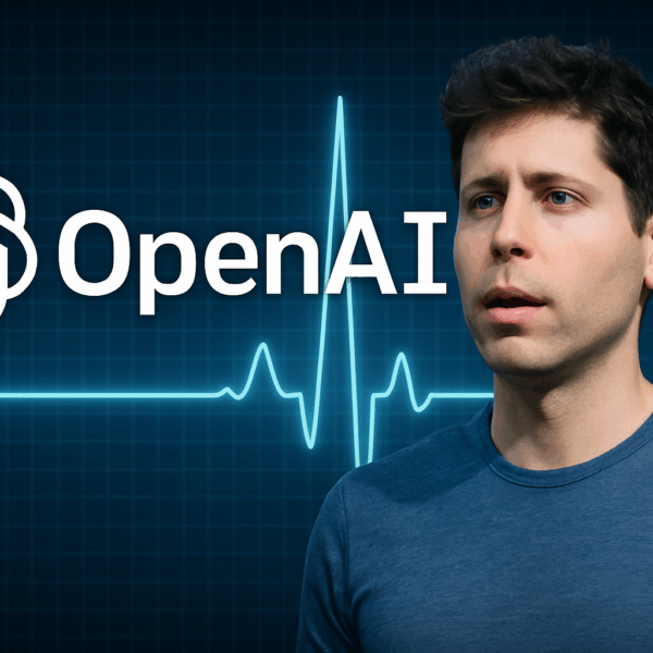 Photorealistic image of Sam Altman beside the OpenAI logo, with glowing blue heartbeat line across a dark grid background.