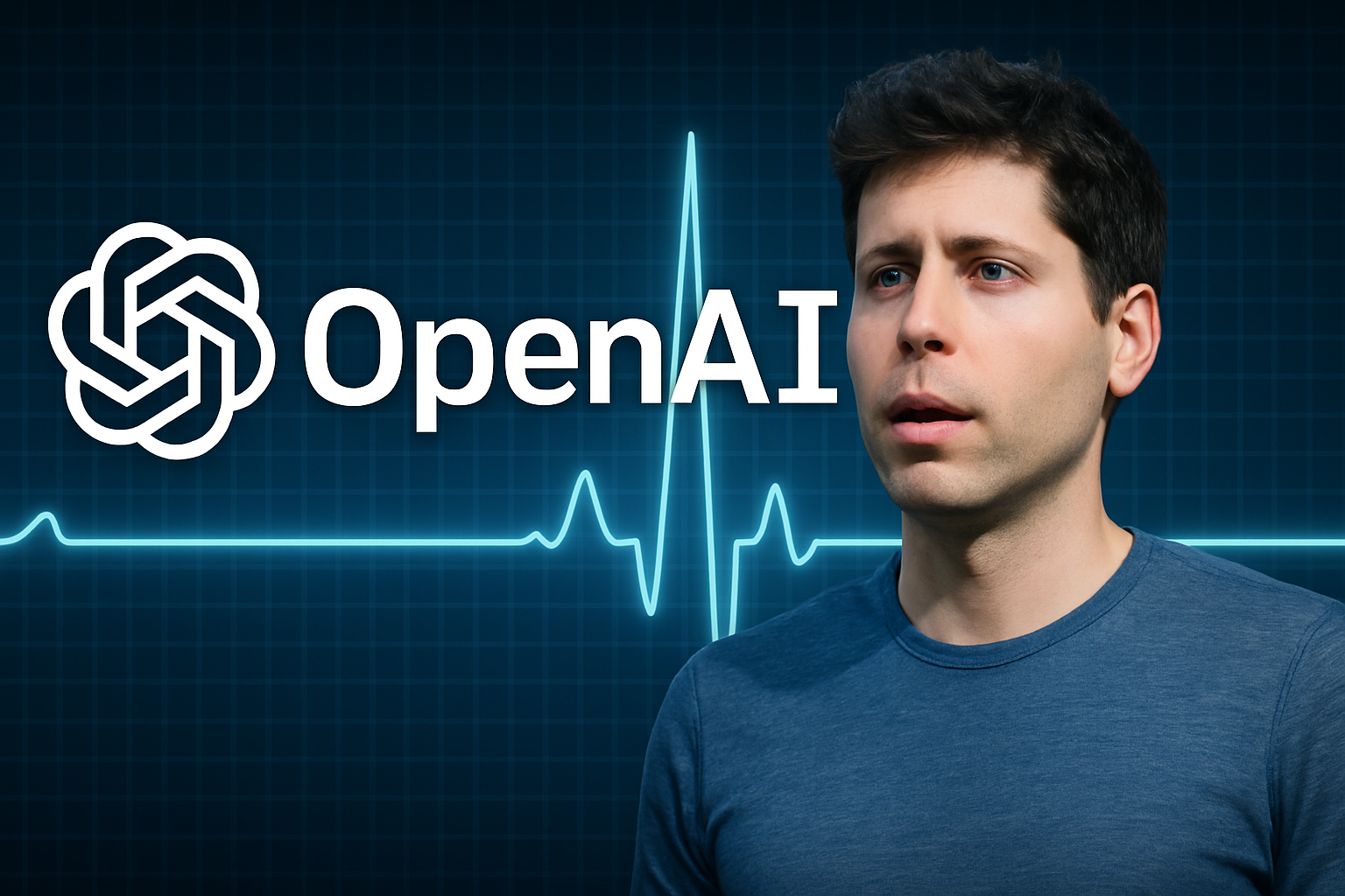 Photorealistic image of Sam Altman beside the OpenAI logo, with glowing blue heartbeat line across a dark grid background.