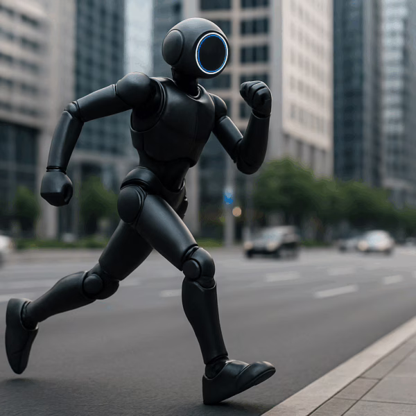 A sleek humanoid robot runs along a modern city street surrounded by glass buildings and blurred traffic, symbolising futuristic innovation and agility.